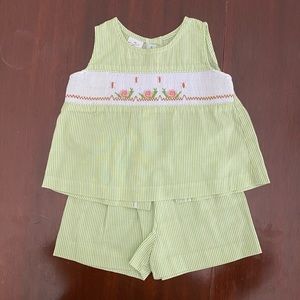 Most adorable smoked set. Light green/white stripes. Buttons up back. Pink. 9 mo